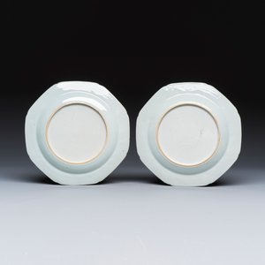 A pair of octagonal Chinese famille rose plates with a boat on a river — photo 2