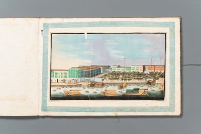 Rare album de peintures sur papier de riz à décor des vues 'Hong', des personnages et des navires, Chine, Canton, Foekhing New Street No. 1, 19/20ème