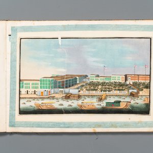 Rare album de peintures sur papier de riz à décor des vues 'Hong', des personnages et des navires, Chine, Canton, Foekhing New Street No. 1, 19/20ème — photo 1