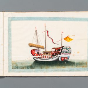 Rare album de peintures sur papier de riz à décor des vues 'Hong', des personnages et des navires, Chine, Canton, Foekhing New Street No. 1, 19/20ème — photo 11