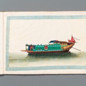 Rare album de peintures sur papier de riz à décor des vues 'Hong', des personnages et des navires, Chine, Canton, Foekhing New Street No. 1, 19/20ème — photo 12