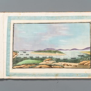 Rare album de peintures sur papier de riz à décor des vues 'Hong', des personnages et des navires, Chine, Canton, Foekhing New Street No. 1, 19/20ème — photo 2