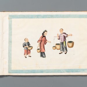 Rare album de peintures sur papier de riz à décor des vues 'Hong', des personnages et des navires, Chine, Canton, Foekhing New Street No. 1, 19/20ème — photo 5