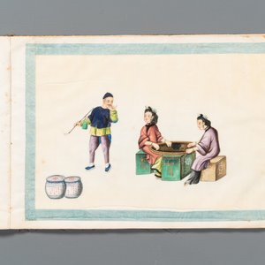 Rare album de peintures sur papier de riz à décor des vues 'Hong', des personnages et des navires, Chine, Canton, Foekhing New Street No. 1, 19/20ème — photo 8