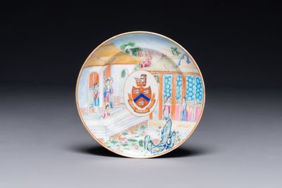Rare assiette en porcelaine de Chine famille rose de Canton aux armes de Wight ou Bradley, 19ème