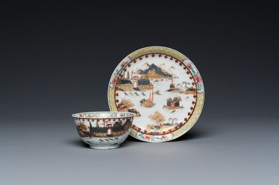 Rare tasse et soucoupe en porcelaine de Chine famille rose à décor d'une vue de port, Yongzheng