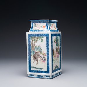 Rare vase en porcelaine de Chine famille rose en forme de losange à décor de 'pêcheur, bûcheron, agriculteur et érudit 漁樵耕讀圖', Qianlong — photo 4
