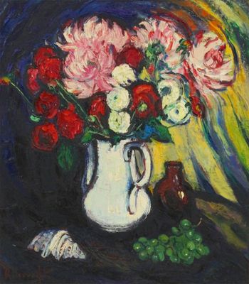 Robertine Devooght (1904-1979) "Nature morte avec fleurs, un coquillage et des raisins"