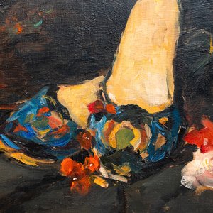 Sadji (Sha Qi, Sha Yinnian) (1914-2005): Stilleven met muiltjes, olie op paneel — foto 1