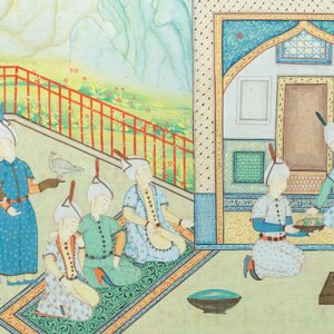 Safavid school, Iran, 20e eeuw, olie en inkt op doek: 'Zicht op een ceremonie aan het hof' — foto 3