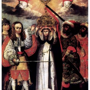 School van Cuzco, Peru: Keizer Karel II bewaakt de Eucharistie, olie op doek, 17e eeuw — foto 9