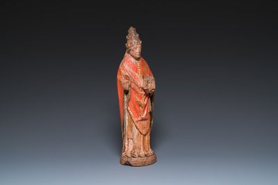 Sculpture de Pape Nicolas V en noyer polychromé, Nord de la France, 15ème