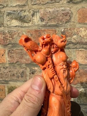 Sculpture de Shoulao en corail rouge sur socle en bois, Chine, 19/20ème — photo 3