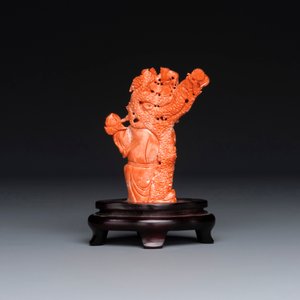 Sculpture de Shoulao en corail rouge sur socle en bois, Chine, 19/20ème — photo 3