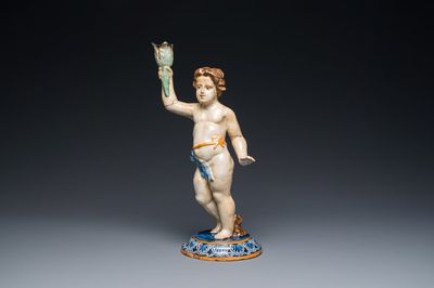 Sculpture d'un jeune homme debout en céramique polychrome, Espagne ou France, 18/19ème