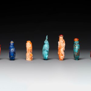 Sept tabatières variées en pierre précieuse, corail rouge, verre et ambre, Chine, 19ème — photo 2