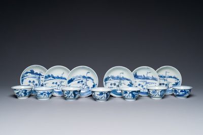 Sept tasses et six soucoupes en porcelaine de Chine en bleu et blanc, époque Transition/début Kangxi