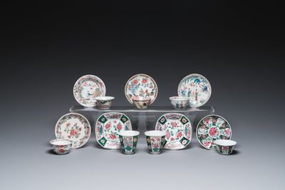 Sept tasses et soucoupes en porcelaine de Chine famille rose, Yongzheng/Qianlong