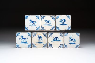 Seven blue and white Dutch Delft 'animal' tiles, 17th C.