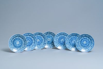 Seven Chinese blue and white plates, Kangxi