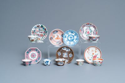 Seven Chinese famille rose and other cups and saucers, Kangxi and later