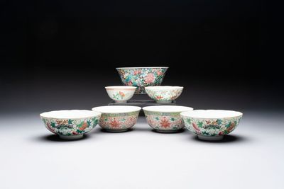 Seven Chinese famille rose bowls with floral design, various marks, 19/20th C.
