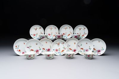 Seven Chinese famille rose cups and eleven saucers with floral design, Qianlong