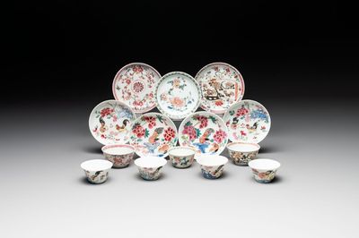 Seven Chinese famille rose cups and saucers, Yongzheng/Qianlong