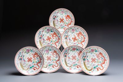 Seven Chinese famille rose 'Dragon and Phoenix' dishes, Qianlong mark, 20th C.
