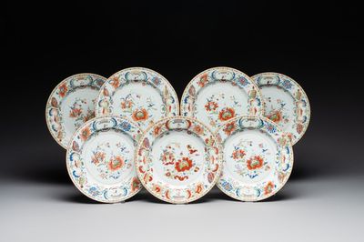 Seven Chinese famille rose 'Madame de Pompadour' plates, Qianlong, ca. 1745