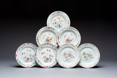 Seven Chinese famille rose plates with floral design, Qianlong