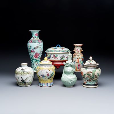Seven Chinese famille rose, verte and monochrome wares, Chenghua and Qianlong marks, 19/20th C.