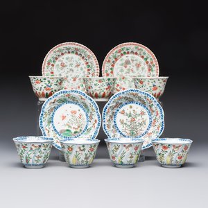 Seven Chinese famille verte cups and four saucers, conch shell and lingzhi marks, Kangxi — photo 1