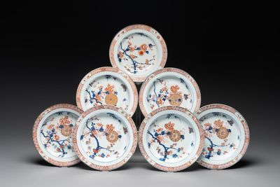 Seven Chinese Imari-style 'flowers and insects' plates, Kangxi/Yongzheng