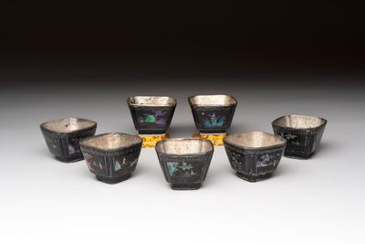 Seven Chinese silver-lined laque burgauté wine cups and two stands, Kangxi
