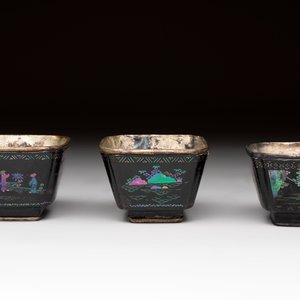 Seven Chinese silver-lined laque burgauté wine cups and two stands, Kangxi — photo 13