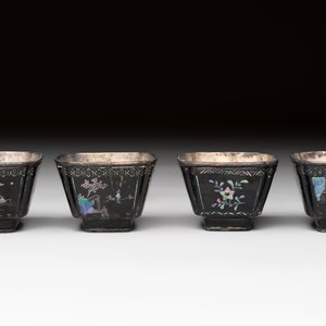 Seven Chinese silver-lined laque burgauté wine cups and two stands, Kangxi — photo 8