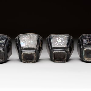 Seven Chinese silver-lined laque burgauté wine cups and two stands, Kangxi — photo 10