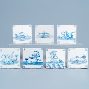 Seven Dutch Delft blue and white tiles with seacreatures, 17th C. — 照片 2