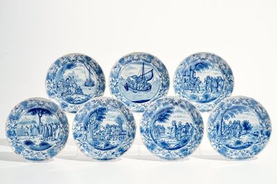 Seven fine Dutch Delft blue and white biblical plates, 18th C.