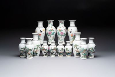 Seven pairs of Chinese famille rose vases, Qianlong and Jingdezhen marks, 20th C.