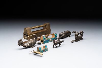 Seven various Chinese metal and cloisonné locks, Qing
