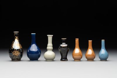 Seven various Chinese monochrome miniature vases, Kangxi/Qianlong