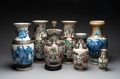 Seven various Chinese Nanking blue and white, famille rose and verte crackle-glazed vases, 19th C.