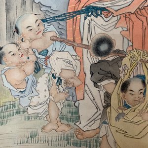 Shen Zhaohan (Xinhai) (China, 1855 - 1941): Bouddha aux enfants, encre et couleurs sur papier, monté en rouleau — photo 19