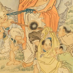 Shen Zhaohan (Xinhai) (China, 1855 - 1941): Bouddha aux enfants, encre et couleurs sur papier, monté en rouleau — photo 5
