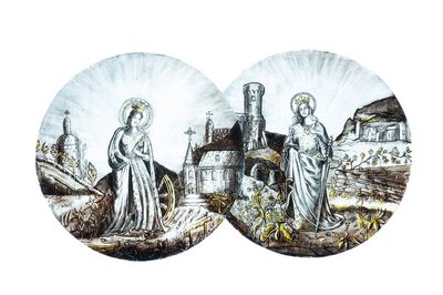 Signé Le Pluy, Lille: deux rondels représentant Sainte Catherine et Sainte Barbe en verre peint en grisaille et jaune d'argent, 19/20ème