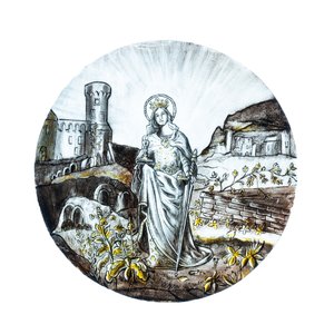Signé Le Pluy, Lille: deux rondels représentant Sainte Catherine et Sainte Barbe en verre peint en grisaille et jaune d'argent, 19/20ème — photo 3