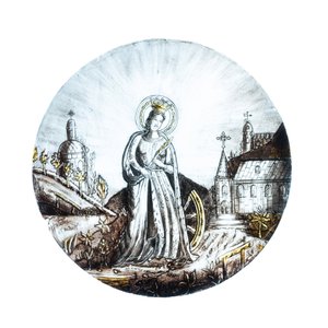 Signé Le Pluy, Lille: deux rondels représentant Sainte Catherine et Sainte Barbe en verre peint en grisaille et jaune d'argent, 19/20ème — photo 4