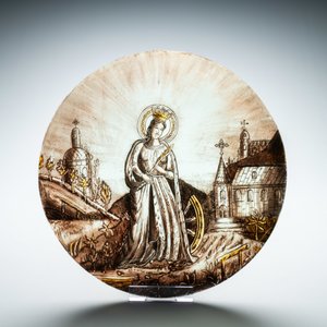 Signé Le Pluy, Lille: deux rondels représentant Sainte Catherine et Sainte Barbe en verre peint en grisaille et jaune d'argent, 19/20ème — photo 6